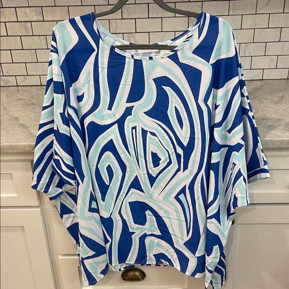 First Love Tunic Top Womens 3XL Blue White Elegant Classic Boho Shirt Blouse